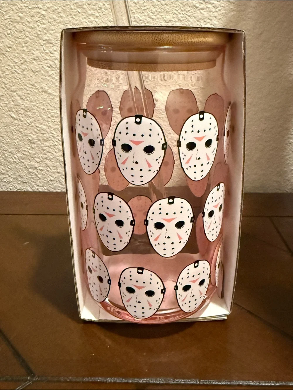 Friday the 13th 16 oz Glass Tumbler w/ Lid & Straw- Jason Voorhees Hockey Mask